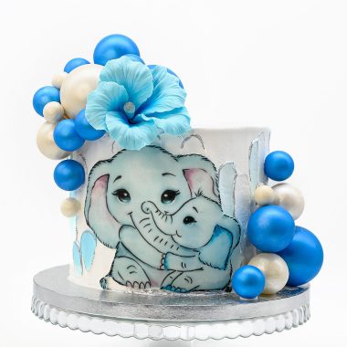 Vaikiškas tortas su žydrais drambliukais