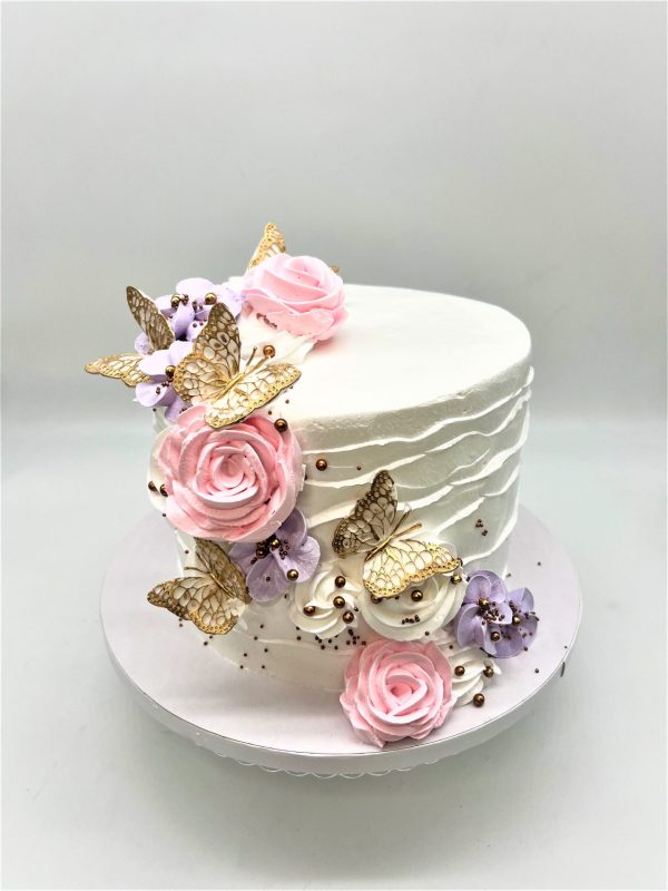 Baltas tortas su gėlytėm ir drugeliais